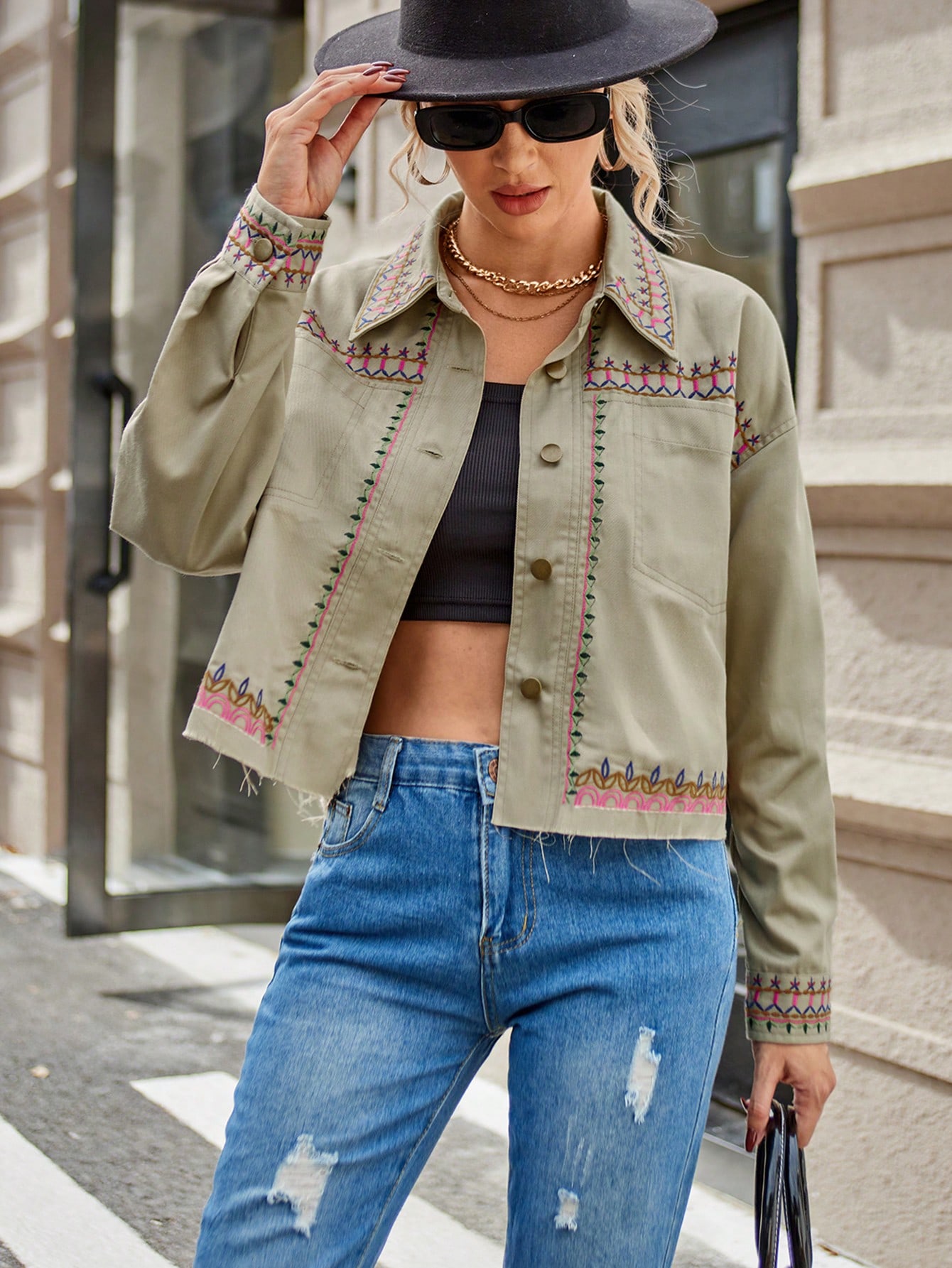 Geo Print Drop Shoulder Pocket Patched Jacket